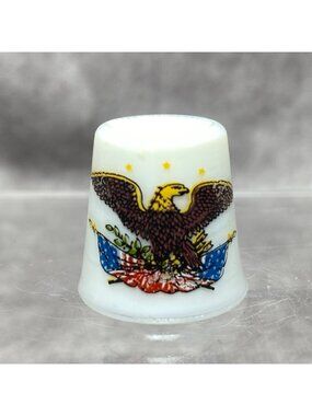 Vintage Porcelain Thimble With Bald Eagle & American Flag Design
